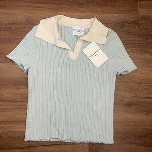 Willow & Root Women's Cream and Light Blue Ribbed Top